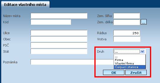 Tankovací směrnice Záložka Dispečink/Vlastní místa v nově zadávaném