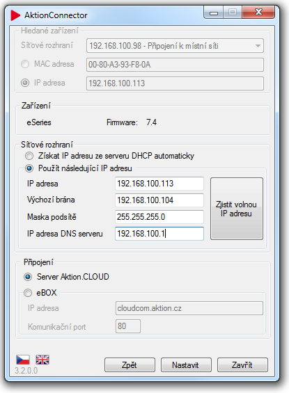 Nastavování IP adresy získání IP adresy. V aktuální k ojení na CLOUD server nebo ebox a pro automatické DHCP resy. internetu (eboxu) v SW.