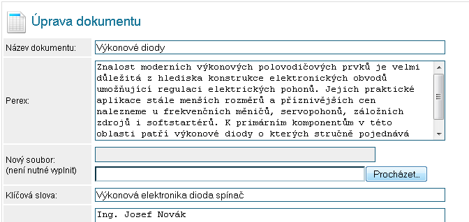 Editace souboru Ve formuláři nahradíme novým souborem stejného typu.