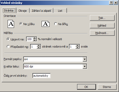 TISK SEŠITU Vzhled stránky záložka Stránka Nastavení orientace stránky při tisku Úprava měřítka vhodné pro případy, kdy se tabulka na papír nevejde a okraje jsou již nastaveny na minimum Definice