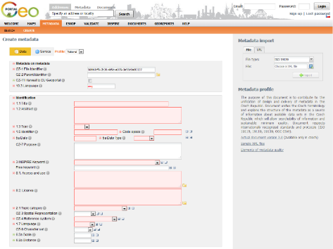 Metadata - zpřístupnění Národní INSPIRE geoportál - Editor Národní INSPIRE geoportál - Katalog Poskytovatelé dat Vytvoření metadat v