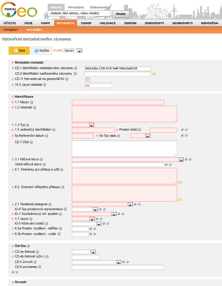 Metadata - vytvoření METADATA http://geoportal.gov.cz/web/guest/catalogue-client Respektuje Národní metadatový profil http://geoportal.gov.cz/c/documen t_library/get_file?