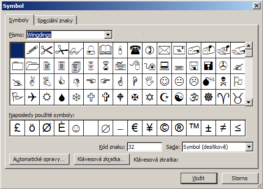 OPERACE S DOKUMENTEM Symboly Symboly běžné znaky (font Wingdings), které Word nabízí k obohacení dokumentu. Nejedná se o obrázky.