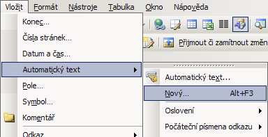 OPERACE S DOKUMENTEM Automatický text Vytvoření vlastního automatického textu Postup: Do dokumentu napíšeme požadovaný text a označíme ho do bloku.