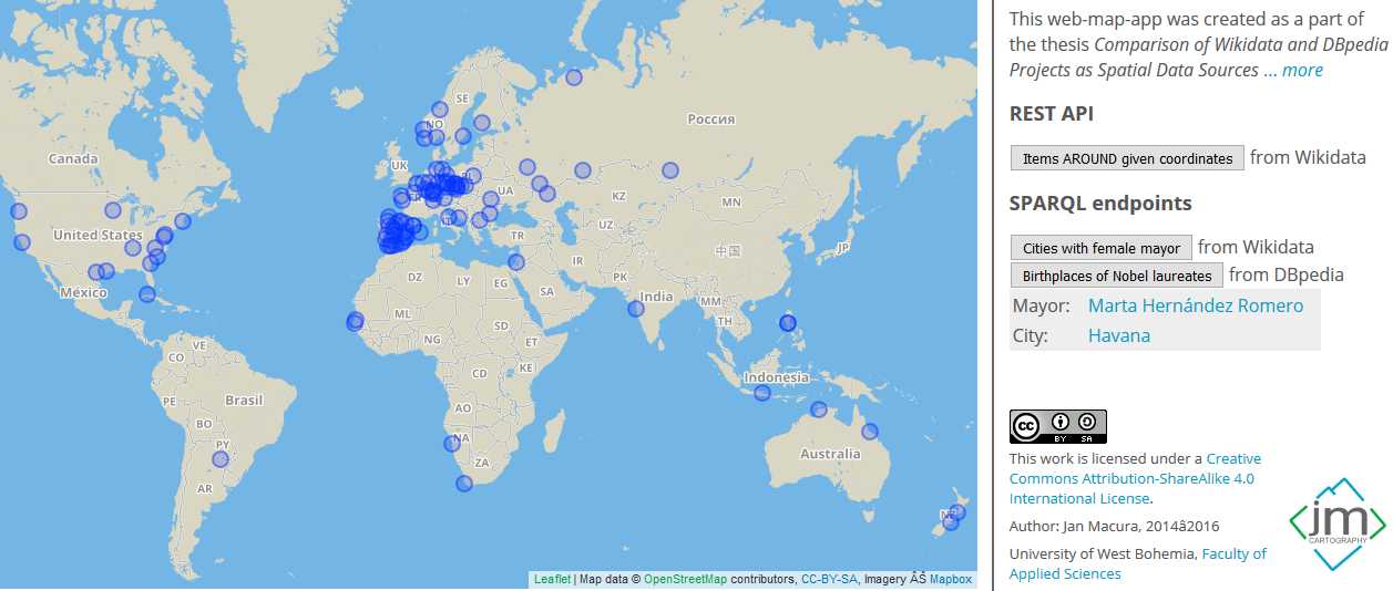 19 }}) ; Obrázek 10: Webová mapa zobrazující města, jež mají v čele ženu. 4.4.3 Dotaz přes DBpedia SPARQL endpoint Rozhraním pro vzdálený přístup k datům v databázi DBpedia je opět SPARQL endpoint.