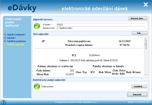 Detailní postup odeslání dávky na Portál ZP (certifikátem/sms autorizací) Po vytvoření dávky a kliknutí na tlačítko [Další - Odeslat] se nově zobrazí nové okno edávky elektronické odesílání dávek.