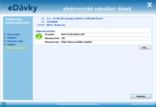 Detailní postup odeslání dávky na ZPMV Po vytvoření dávky a kliknutí na tlačítko [Další - Odeslat] se nově zobrazí nové okno edávky elektronické odesílání dávek.