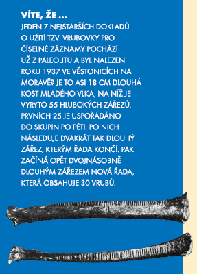 Pravěk období do vzniku písma Uchovávání číselných zpráv v neolitu Zářezy na kosti, holi (vrubovky) Uzlíky na provaze Oblázky nebo