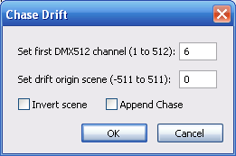 Vytvoření scény či chase hodnotám DMX kanálů. Toto je vhodné např. při nastavování stejných světelných efektů s různou počáteční adresou. Chase lze vložit i inverzně, zaškrtnutím políčka Invert scene.