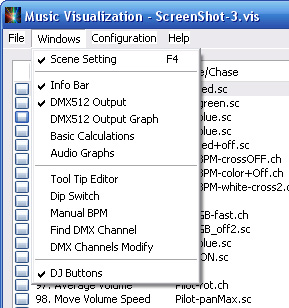 Popis dialogových oken 7.1.2 Nabídka Windows Obr. 18 Nabídka menu Windows Význam položek v menu Windows: Scene Setting dialog Scene Setting pro vytváření nových scén a Chase (viz kap.