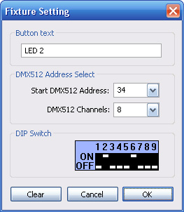 Popis dialogových oken 7.3.4 Fixture Setting - nastavení DMX adres světel Dialog pro editaci Fixtures se otevře kliknutím pravého tlačítka myši na vybranou fixtures v dialogu Scene Setting.