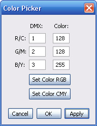 Popis dialogových oken počáteční adresy + počet DMX kanálů světla) a počet DMX kanálů se nastaví stejný jako u předchozího. 7.3.5 Color Picker - dialog pro nastavení barvy 1 2 3 4 5 Obr.