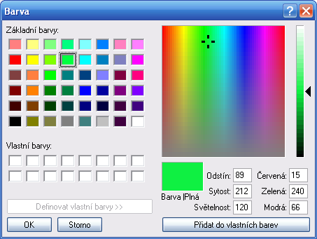Popis dialogových oken 7.3.6 Barva - dialog s výběrem barvy 1 2 3 6 4 5 Obr. 28 Dialog Windows s výběrem barvy Popis dialogu : 1. Volba předdefinované barvy nebo barvy, která má být změněna 2.