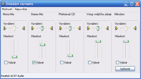 Nastavení zvukové karty Vstup vnějšího zdroje (Line In) - analýzu lze provádět ze vstupní linky zvukové karty Stereo Mix, Mono Mix, Wave - program provádí analýzu hudby, která je přehrávaná