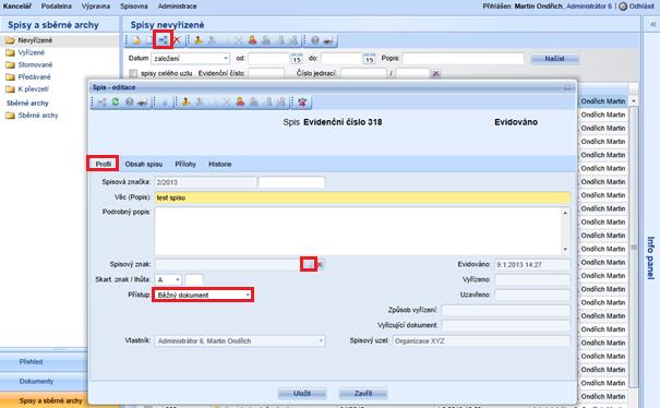 2.2.1 Záložka profil: V této záložce se editují údaje o spisu.