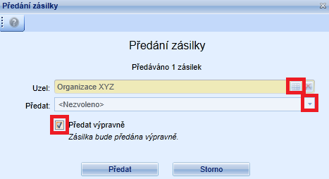 Automaticky je zaškrtnuto předat výpravně. Po kliknutí na tlačítko předat by byla zásilka odeslána na výpravnu.