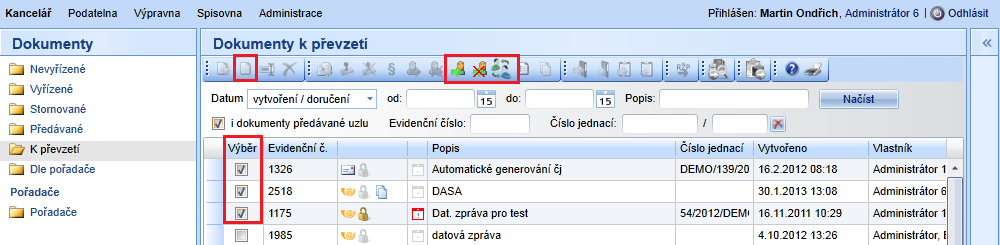 1. Práce s dokumenty 1.1 Dokumenty k převzetí V této sekci se zobrazují dokumenty, které uživateli posílá Podatelna, nebo jiný uživatel.