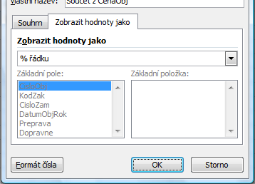 Nastavení polí hodnot KT V KT můžeme, vedle souhrnů vytvořených ze zdrojové tabulky, zobrazit hodnoty vycházející z různých srovnání.