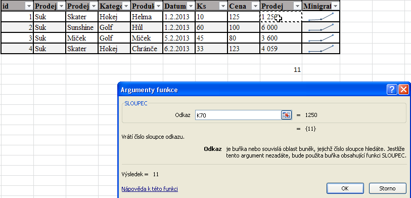 Obrázek 45 Funkce Sloupec Datum a čas Excel umí automaticky rozpoznat datum. Napíšeme - li 1. 1. 2015 automaticky zapíše 1 a změní formát buňky na "datum a čas".