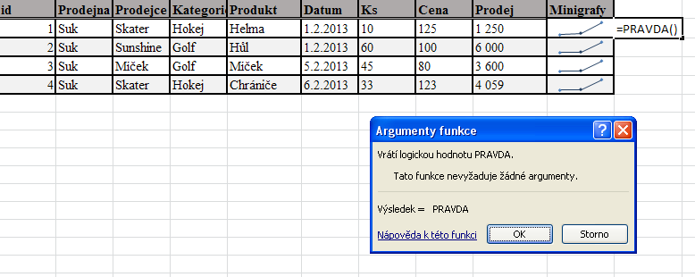 Obrázek 55 Funkce NEBO PRAVDA Funkce PRAVDA vrátí logickou hodnotu PRAVDA. Tato funkce je bez argumentů.