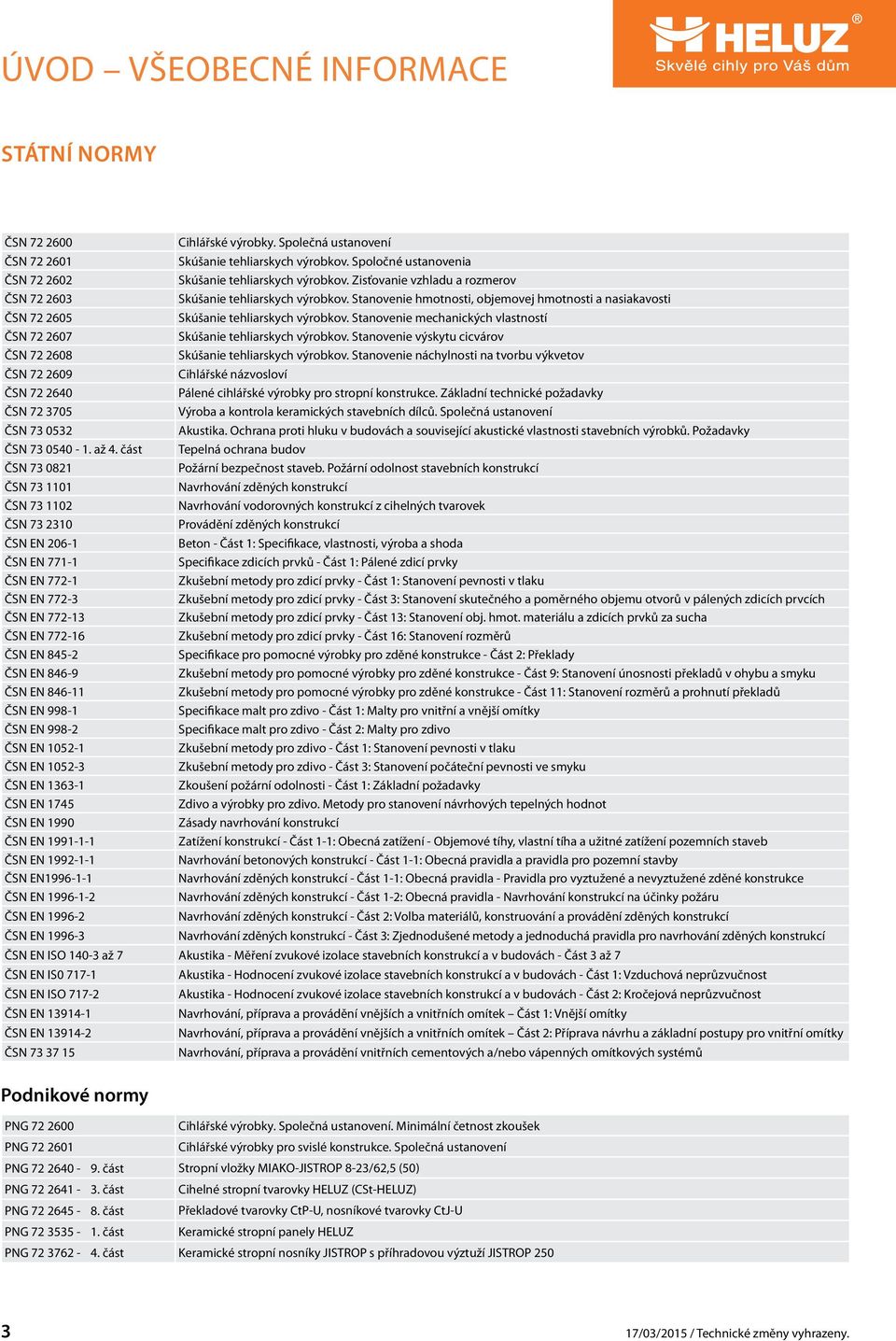 Stanovenie mechanických vlastností ČSN 72 2607 Skúšanie tehliarskych výrobkov. Stanovenie výskytu cicvárov ČSN 72 2608 Skúšanie tehliarskych výrobkov.