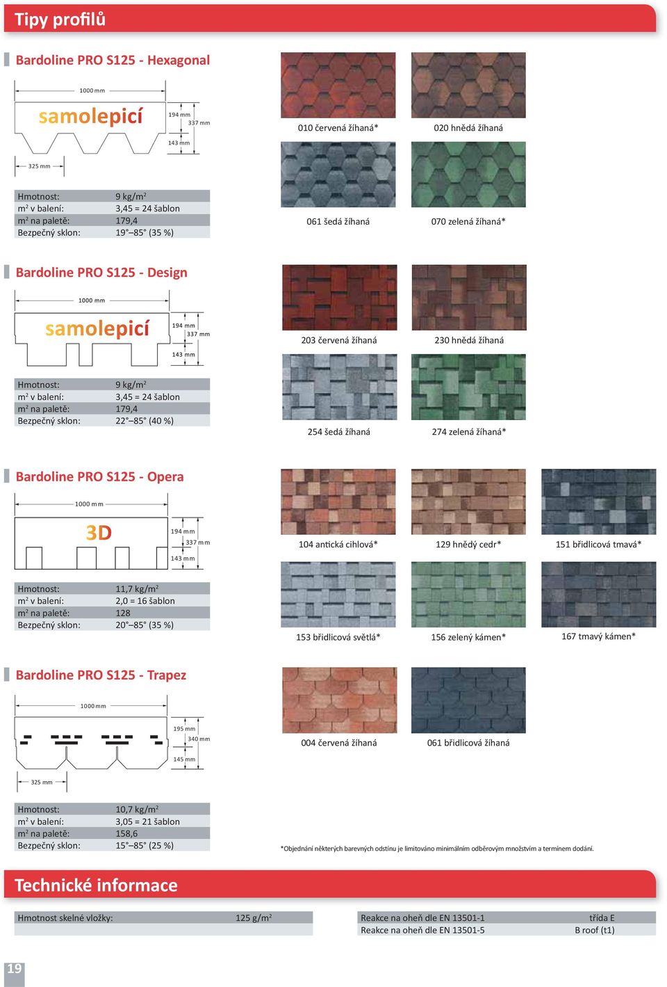 paletě: 179,4 Bezpečný sklon: 22 85 (40 %) 254 šedá žíhaná 274 zelená žíhaná* Bardoline PRO S125 - Opera 1000 mm 3D 194 mm 337 mm 104 an cká cihlová* 129 hnědý cedr* 151 břidlicová tmavá* 143 mm