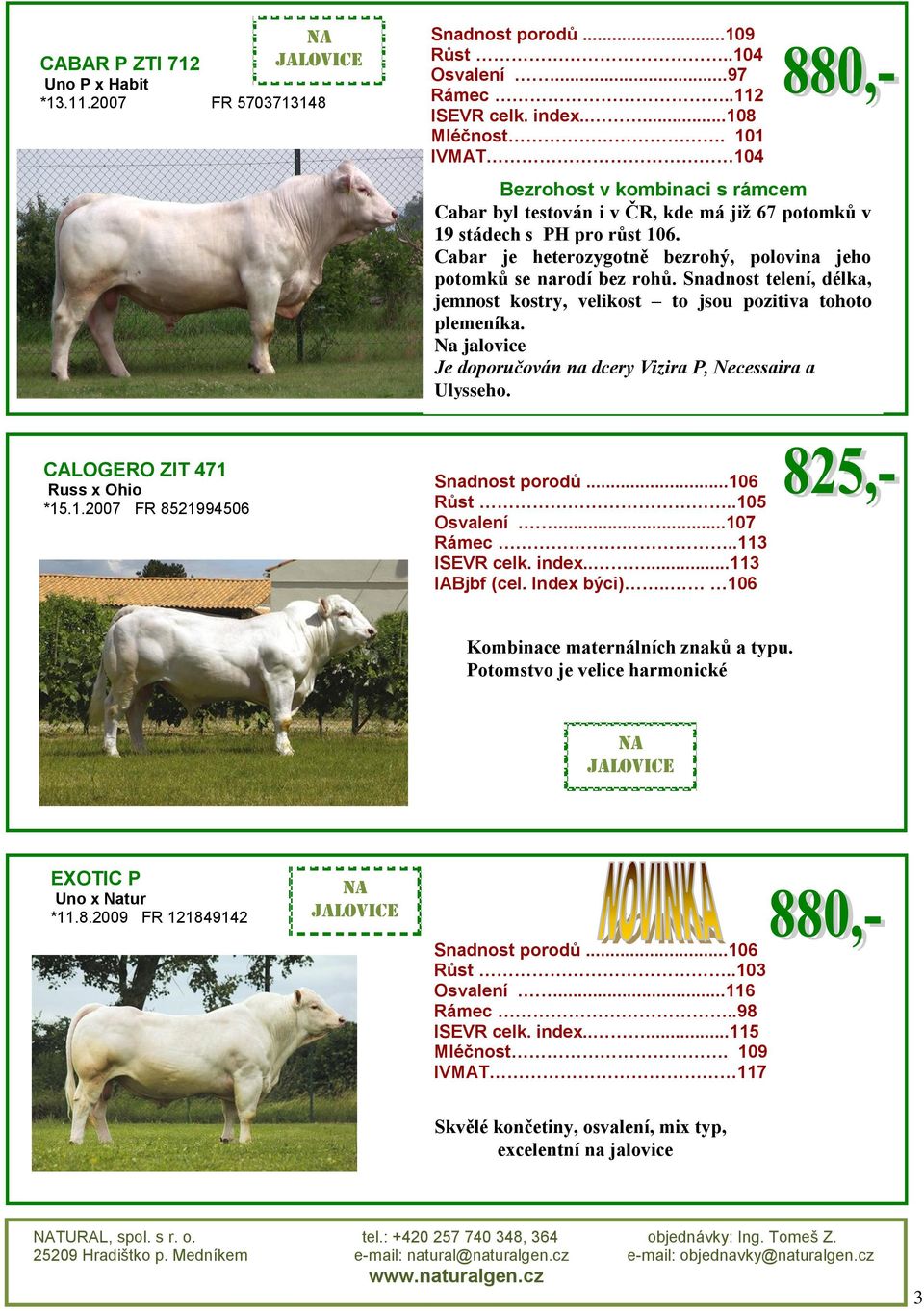 Snadnost telení, délka, jemnost kostry, velikost to jsou pozitiva tohoto plemeníka. Je doporučován na dcery Vizira P, Necessaira a Ulysseho. CALOGERO ZIT 471 Russ x Ohio *15.1.2007 FR 8521994506 Snadnost porodů.