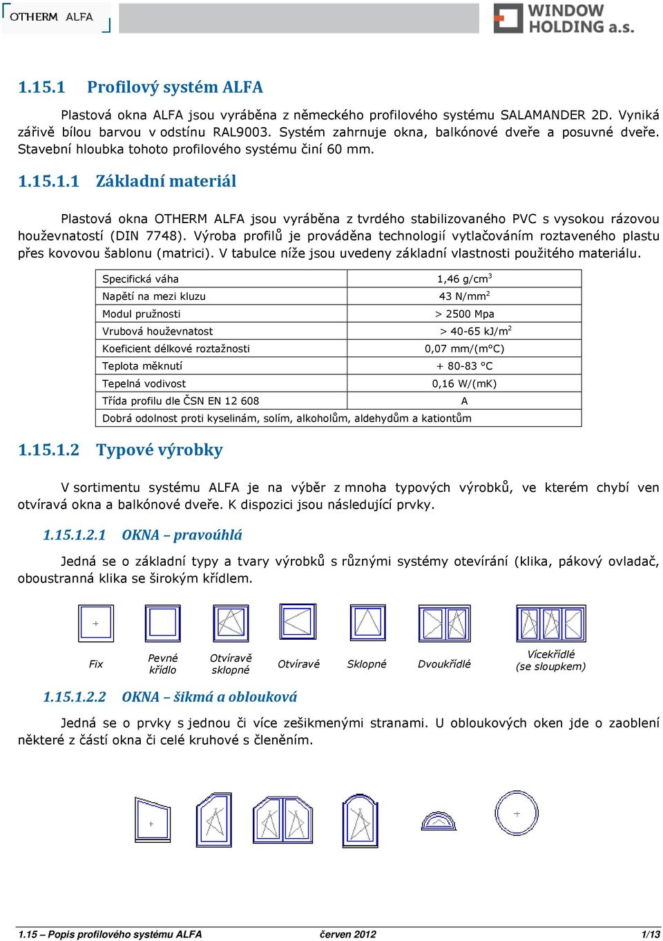 15.1.1 Základní materiál Plastová okna OTHERM ALFA jsou vyráběna z tvrdého stabilizovaného PVC s vysokou rázovou houževnatostí (DIN 7748).