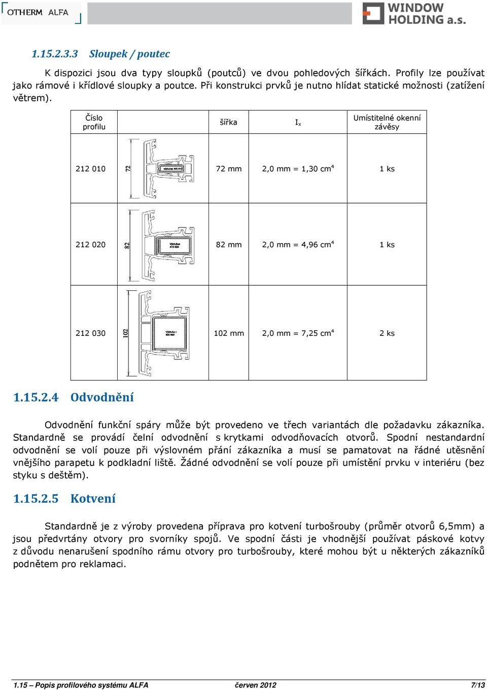 Číslo profilu šířka I x Umístitelné okenní závěsy 212 010 72 mm 2,0 mm = 1,30 cm 4 1 ks 212 020 82 mm 2,0 mm = 4,96 cm 4 1 ks 212 030 102 mm 2,0 mm = 7,25 cm 4 2 ks 1.15.2.4 Odvodnění Odvodnění funkční spáry může být provedeno ve třech variantách dle požadavku zákazníka.