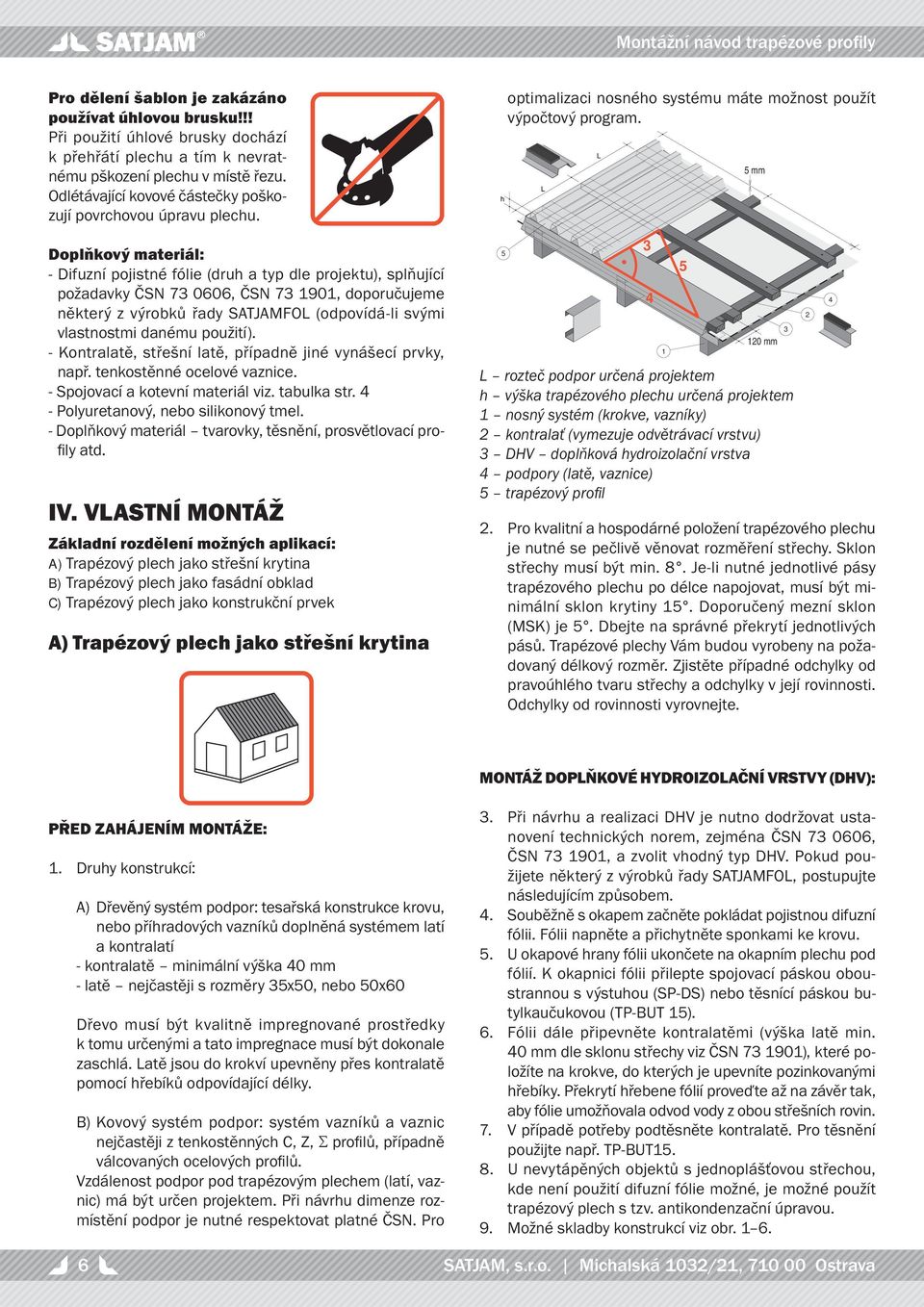 Doplňkový materiál: - Difuzní pojistné fólie (druh a typ dle projektu), splňující požadavky ČN 7 0606, ČN 7 90, doporučujeme některý z výrobků řady ATJAMOL (odpovídá-li svými vlastnostmi danému