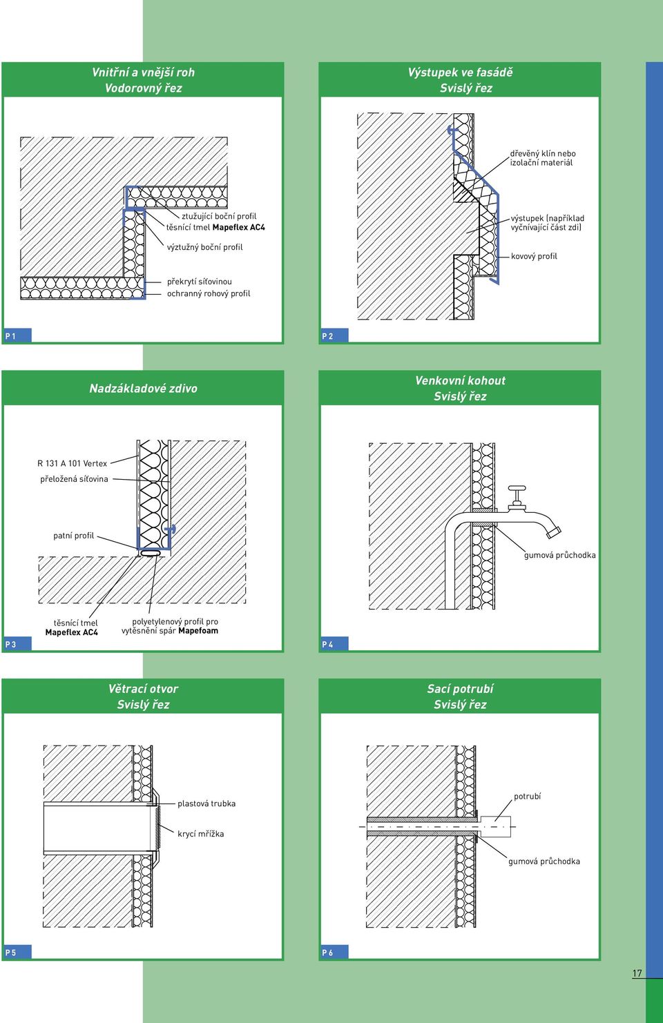 zdivo Venkovní kohout Svislý řez R 131 A 101 Vertex přeložená síťovina patní profil gumová průchodka P 3 těsnící tmel Mapeflex AC4 polyetylenový