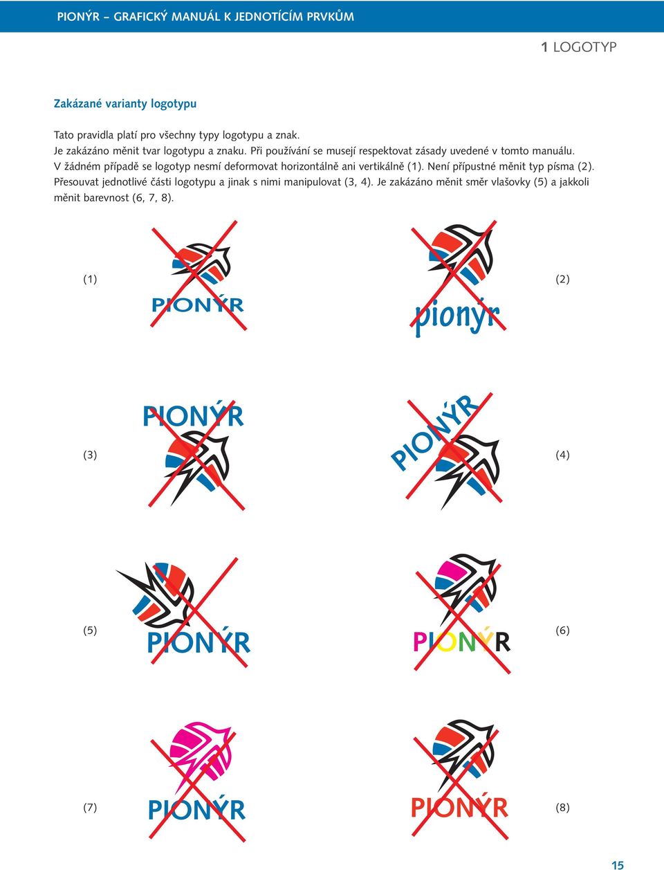 V žádném případě se logotyp nesmí deformovat horizontálně ani vertikálně (1). Není přípustné měnit typ písma (2).