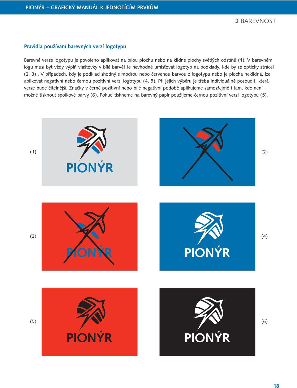 V případech, kdy je podklad shodný s modrou nebo červenou barvou z logotypu nebo je plocha neklidná, lze aplikovat negativní nebo černou pozitivní verzi logotypu (4, 5).