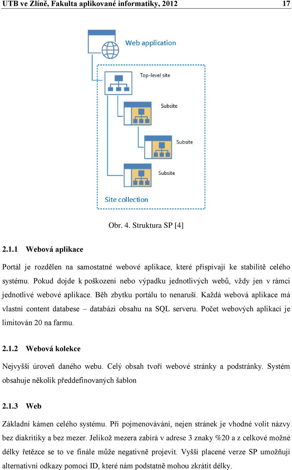 Každá webová aplikace má vlastní content databese databázi obsahu na SQL serveru. Počet webových aplikací je limitován 20 na farmu. 2.1.2 Webová kolekce Nejvyšší úroveň daného webu.