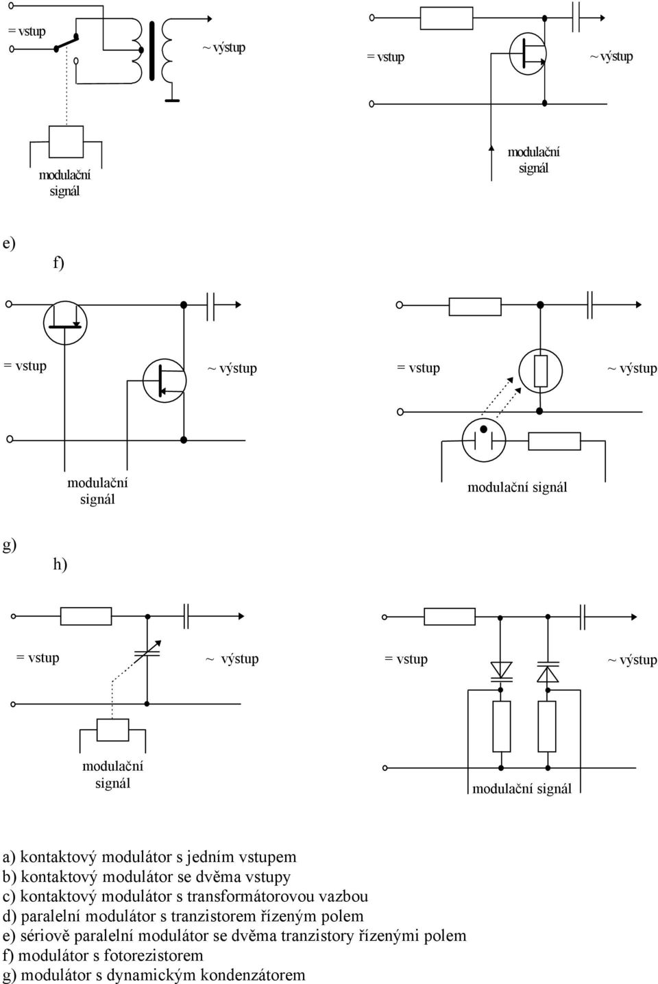 b) kontaktový modulátor se dvěma vstupy c) kontaktový modulátor s transformátorovou vazbou d) paralelní modulátor s tranzistorem