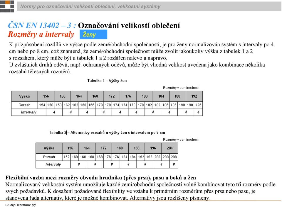 ochranných oděvů, může být vhodná velikost uvedena jako kombinace několika rozsahů tělesných rozměrů.