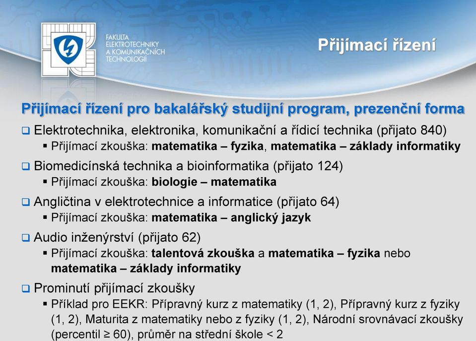 Přijímací zkouška: matematika anglický jazyk Audio inženýrství (přijato 62) Přijímací zkouška: talentová zkouška a matematika fyzika nebo matematika základy informatiky Prominutí přijímací