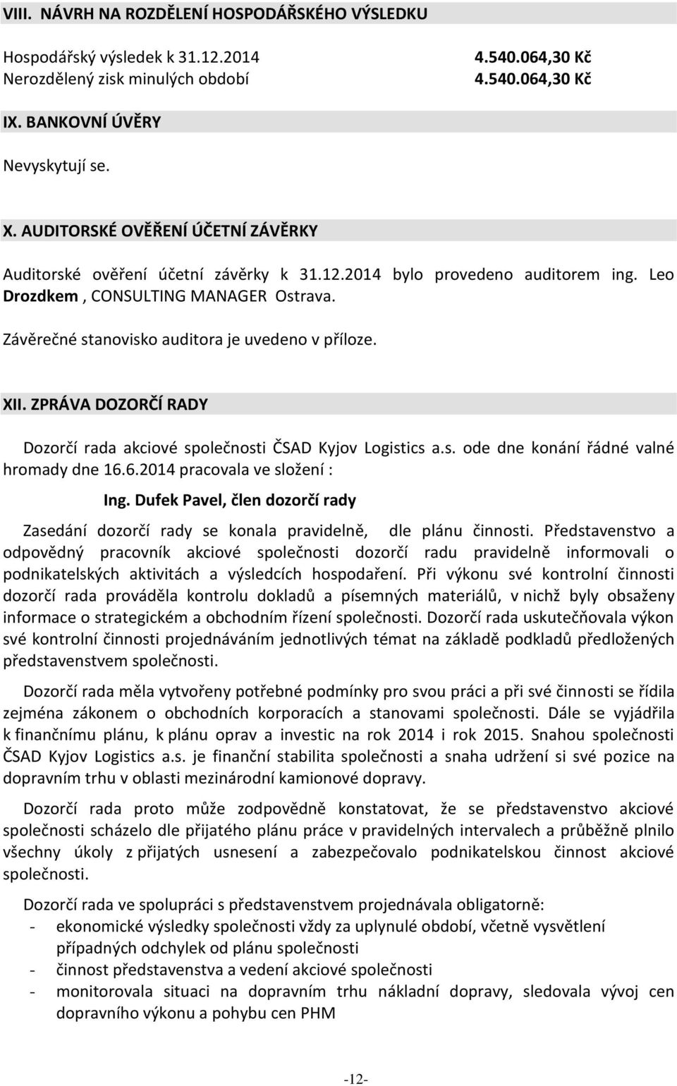 Závěrečné stanovisko auditora je uvedeno v příloze. XII. ZPRÁVA DOZORČÍ RADY Dozorčí rada akciové společnosti ČSAD Kyjov Logistics a.s. ode dne konání řádné valné hromady dne 16.