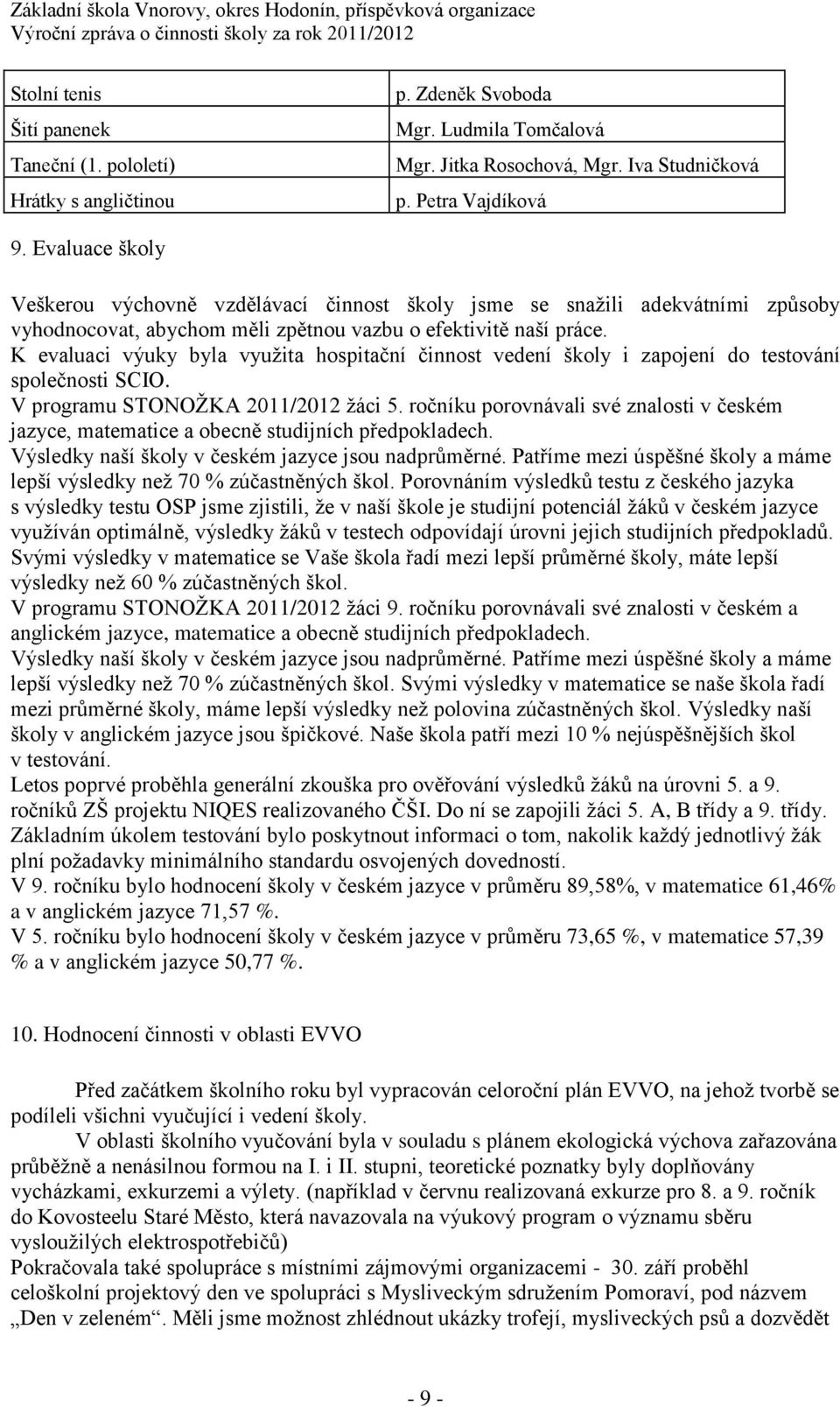 K evaluaci výuky byla využita hospitační činnost vedení školy i zapojení do testování společnosti SCIO. V programu STONOŽKA 2011/2012 žáci 5.