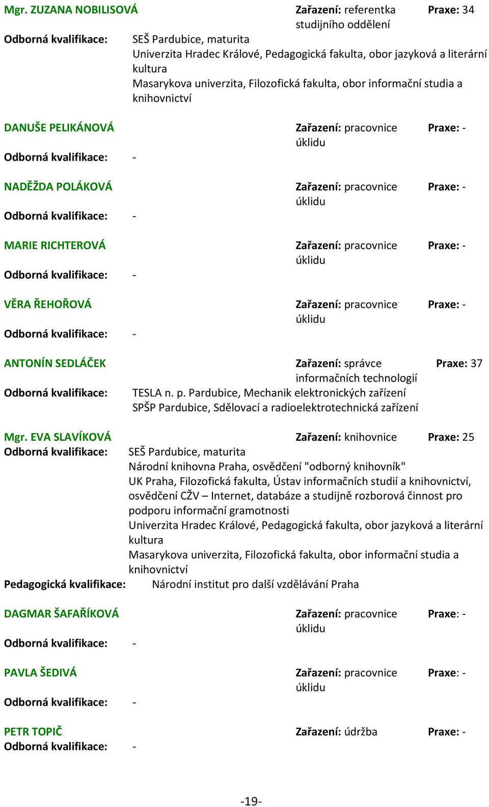 kvalifikace: - VĚRA ŘEHOŘOVÁ Odborná kvalifikace: - Zařazení: pracovnice úklidu Zařazení: pracovnice úklidu Zařazení: pracovnice úklidu Zařazení: pracovnice úklidu Praxe: - Praxe: - Praxe: - Praxe: -