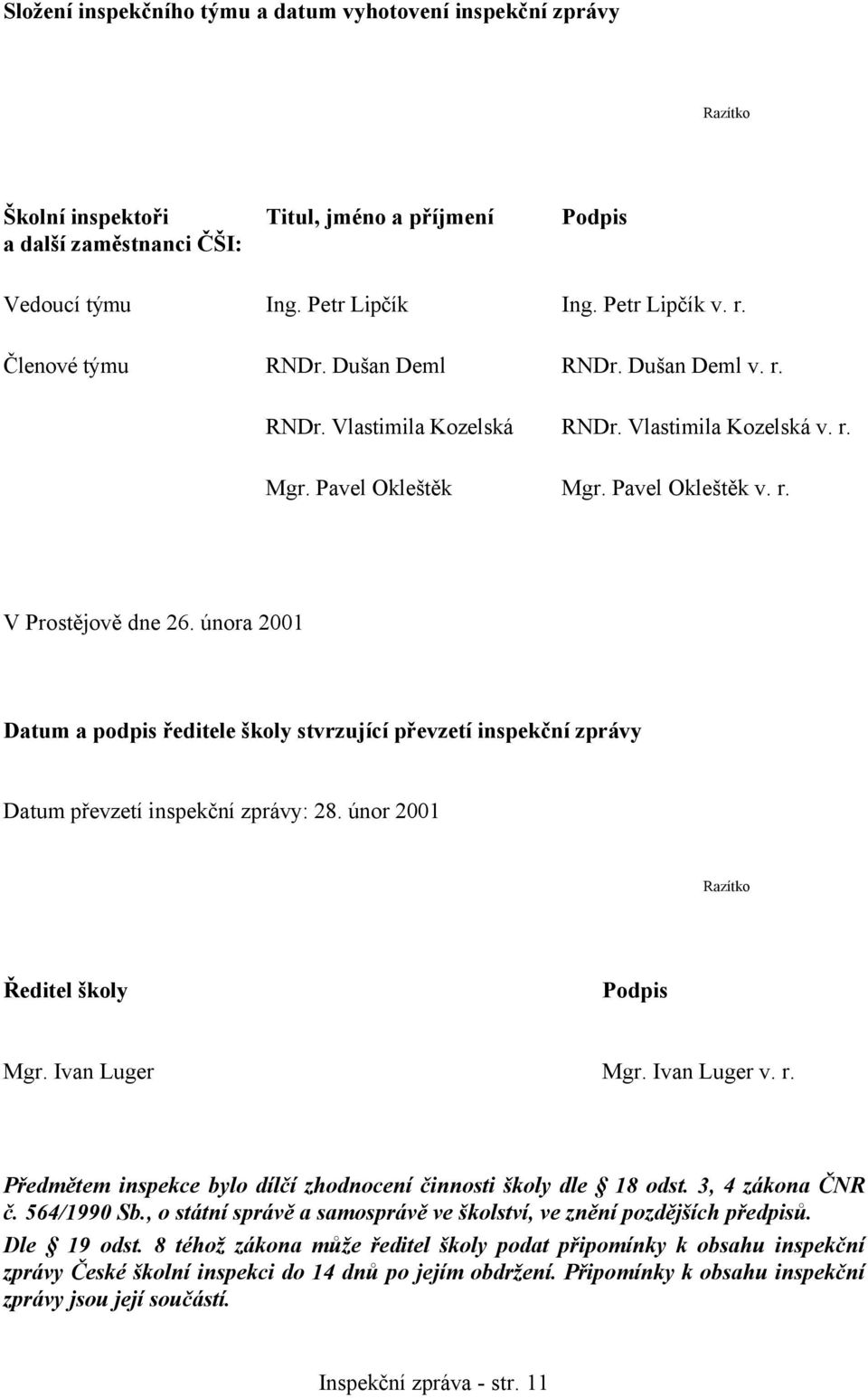 února 2001 Datum a podpis ředitele školy stvrzující převzetí inspekční zprávy Datum převzetí inspekční zprávy: 28. únor 2001 Razítko Ředitel školy Podpis Mgr. Ivan Luger Mgr. Ivan Luger v. r.