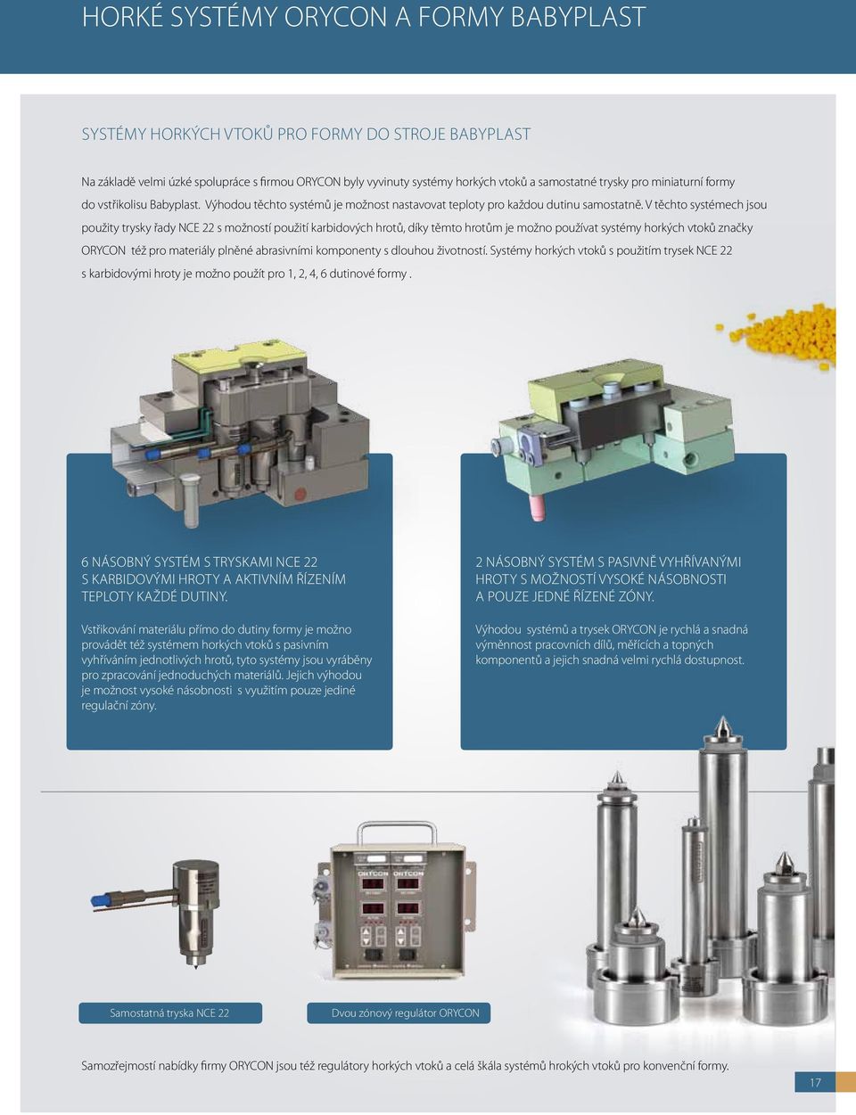 V těchto systémech jsou použity trysky řady NCE 22 s možností použití karbidových hrotů, díky těmto hrotům je možno používat systémy horkých vtoků značky ORYCON též pro materiály plněné abrasivními