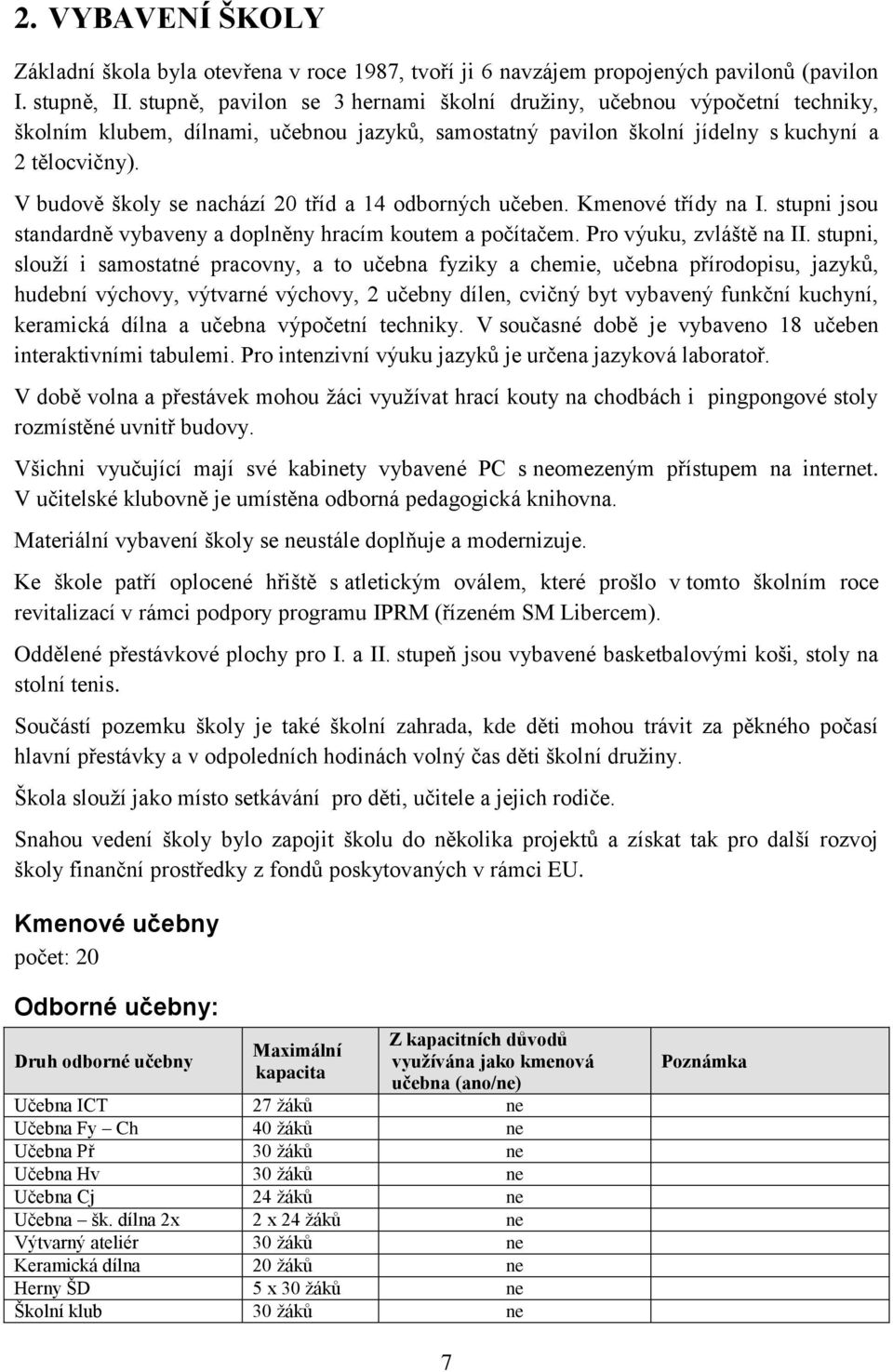 V budově školy se nachází 20 tříd a 14 odborných učeben. Kmenové třídy na I. stupni jsou standardně vybaveny a doplněny hracím koutem a počítačem. Pro výuku, zvláště na II.