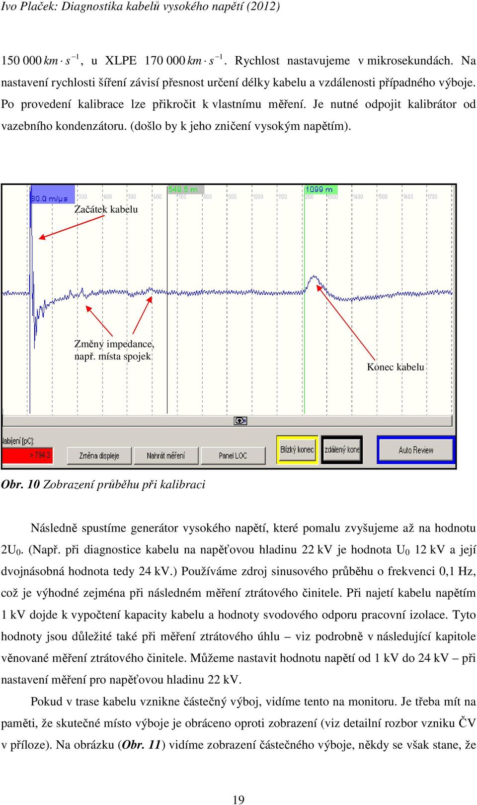 místa spojek Konec kabelu Obr. 10 Zobrazení průběhu při kalibraci Následně spustíme generátor vysokého napětí, které pomalu zvyšujeme až na hodnotu 2U 0. (Např.