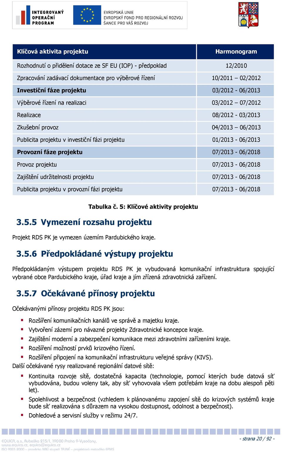 projektu 07/2013-06/2018 Provoz projektu 07/2013-06/2018 Zajištění udržitelnosti projektu 07/2013-06/2018 Publicita projektu v provozní fázi projektu 07/2013-06/2018 Tabulka č.