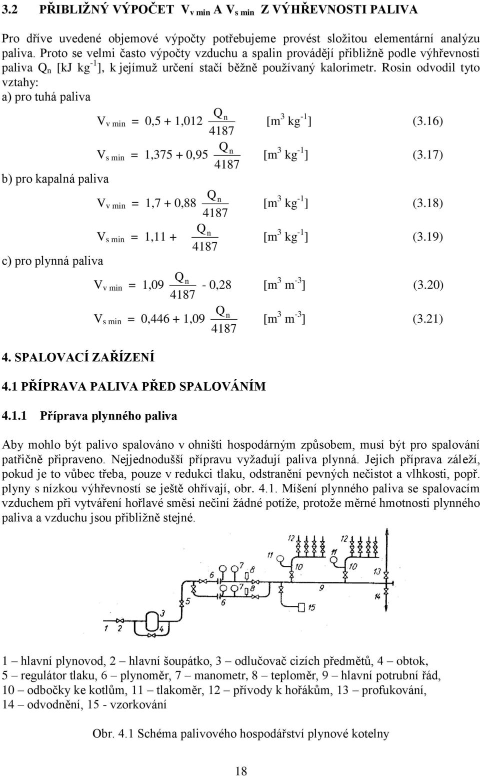 Rosin odvodil tyto vztahy: a) pro tuhá paliva Q V v min = 0,5 + 1,012 n [m 3 kg -1 ] (3.16) 4187 Q V s min = 1,375 + 0,95 n 4187 [m 3 kg -1 ] (3.