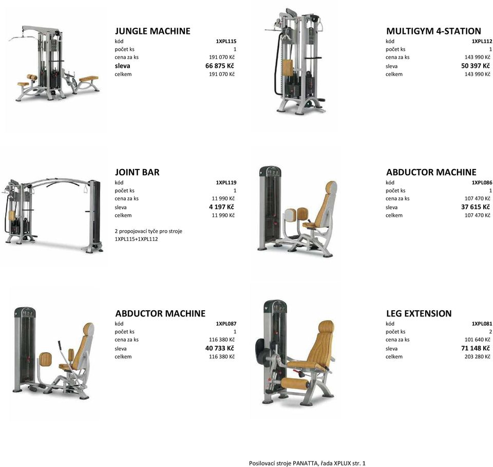 11990 Kč celkem 107470 Kč 2 propojovací tyče pro stroje 1XPL115+1XPL112 ABDUCTOR MACHINE LEG EXTENSION kód 1XPL087 kód 1XPL081 počet ks 1 počet ks