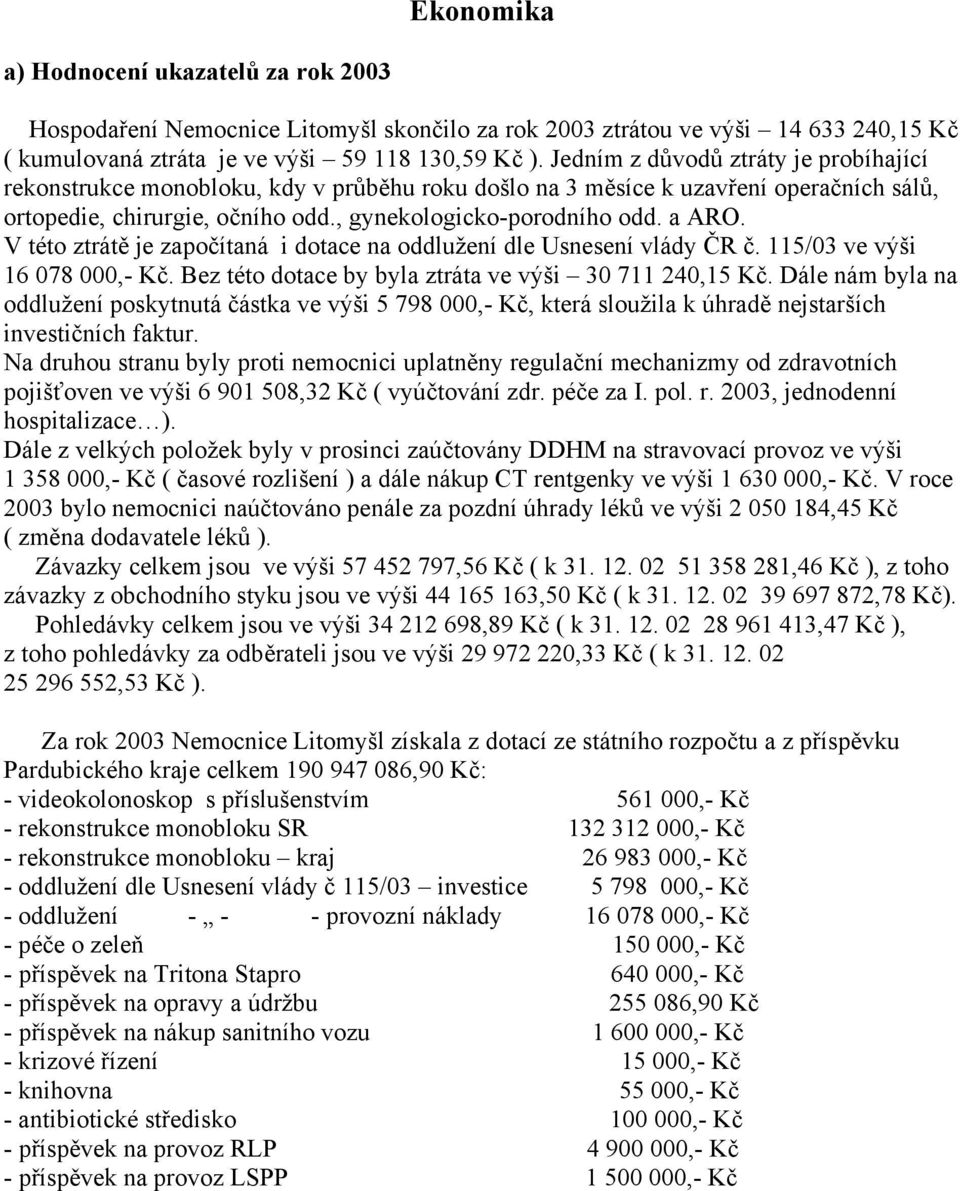 V této ztrátě je započítaná i dotace na oddlužení dle Usnesení vlády ČR č. 115/03 ve výši 16 078 000,- Kč. Bez této dotace by byla ztráta ve výši 30 711 240,15 Kč.