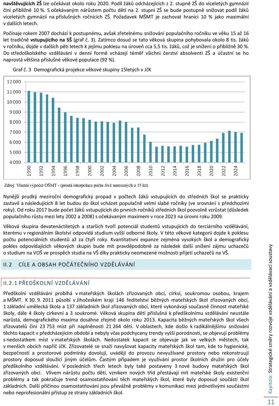 Počínaje rokem 2007 dochází k postupnému, avšak zřetelnému snižování populačního ročníku ve věku 15 až 16 let tradičně vstupujícího na SŠ (graf č. 3).