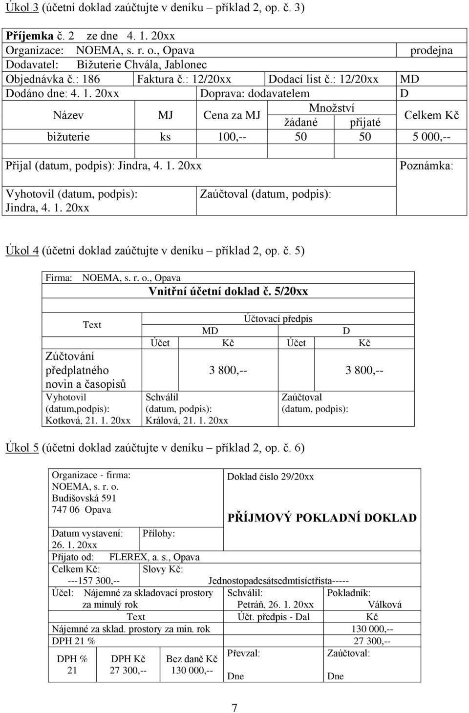 1. 20xx Poznámka: Vyhotovil Jindra, 4. 1. 20xx Zaúčtoval Úkol 4 (účetní doklad zaúčtujte v deníku příklad 2, op. č. 5) Firma: NOEMA, s. r. o., Opava Vnitřní účetní doklad č.